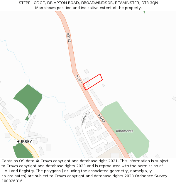 STEPE LODGE, DRIMPTON ROAD, BROADWINDSOR, BEAMINSTER, DT8 3QN: Location map and indicative extent of plot