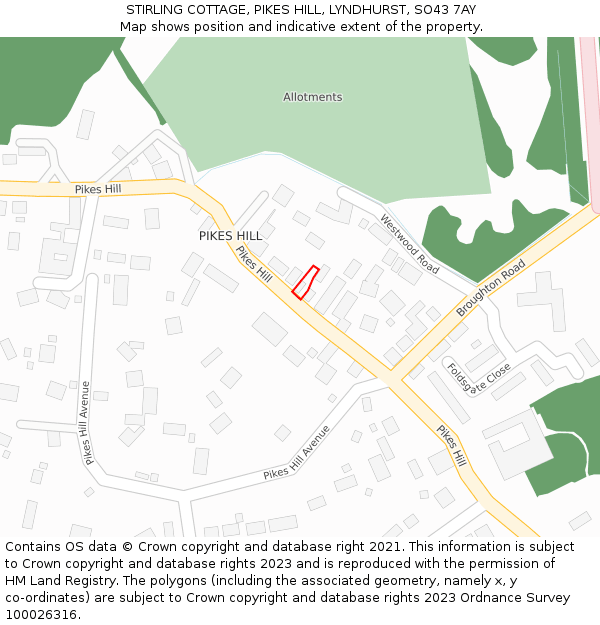 STIRLING COTTAGE, PIKES HILL, LYNDHURST, SO43 7AY: Location map and indicative extent of plot