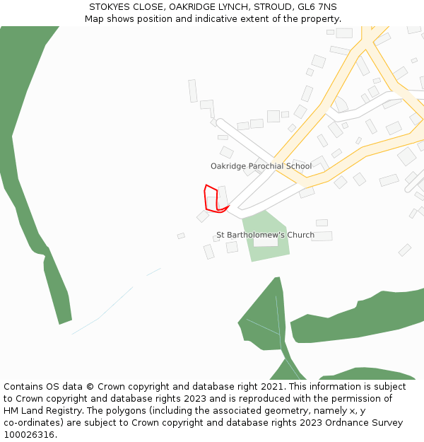 STOKYES CLOSE, OAKRIDGE LYNCH, STROUD, GL6 7NS: Location map and indicative extent of plot