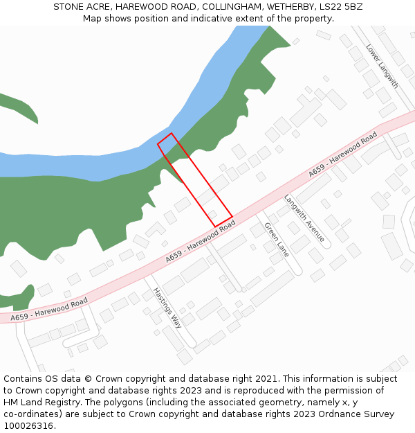 STONE ACRE, HAREWOOD ROAD, COLLINGHAM, WETHERBY, LS22 5BZ: Location map and indicative extent of plot