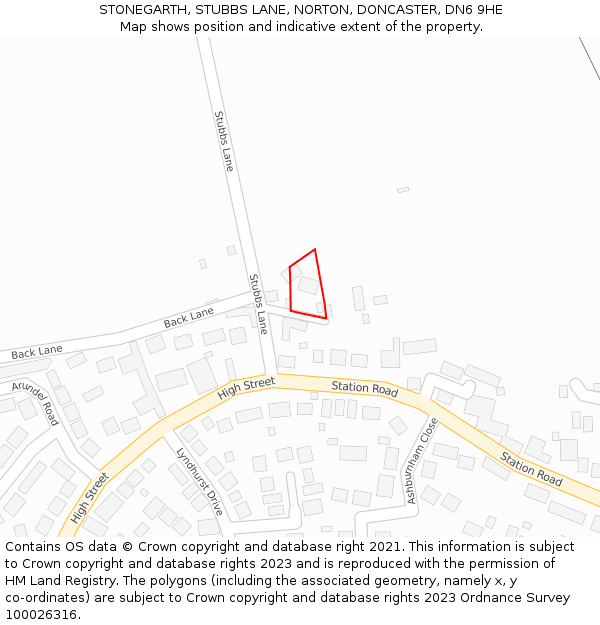 STONEGARTH, STUBBS LANE, NORTON, DONCASTER, DN6 9HE: Location map and indicative extent of plot