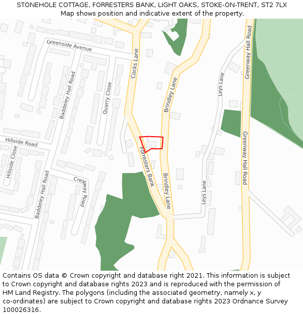 STONEHOLE COTTAGE, FORRESTERS BANK, LIGHT OAKS, STOKE-ON-TRENT, ST2 7LX: Location map and indicative extent of plot