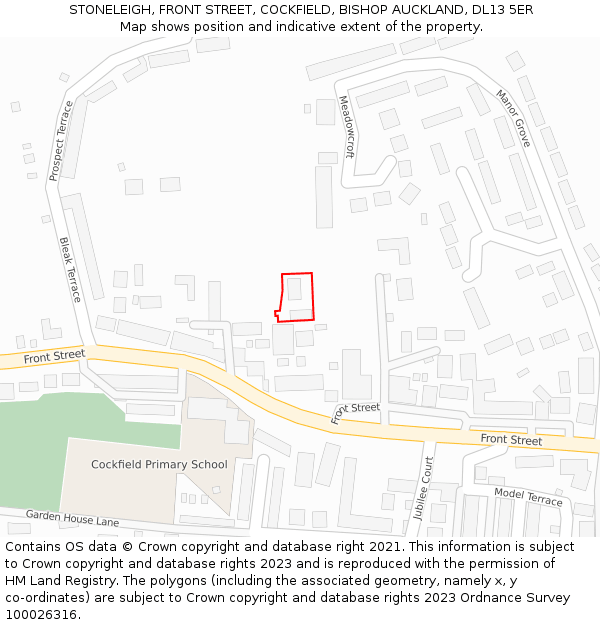 STONELEIGH, FRONT STREET, COCKFIELD, BISHOP AUCKLAND, DL13 5ER: Location map and indicative extent of plot