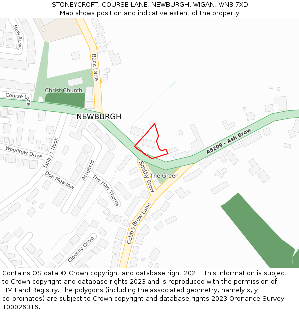 STONEYCROFT, COURSE LANE, NEWBURGH, WIGAN, WN8 7XD: Location map and indicative extent of plot