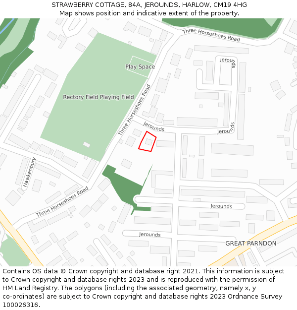 STRAWBERRY COTTAGE, 84A, JEROUNDS, HARLOW, CM19 4HG: Location map and indicative extent of plot