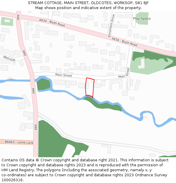 STREAM COTTAGE, MAIN STREET, OLDCOTES, WORKSOP, S81 8JF: Location map and indicative extent of plot