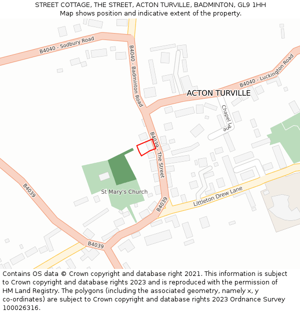 STREET COTTAGE, THE STREET, ACTON TURVILLE, BADMINTON, GL9 1HH: Location map and indicative extent of plot