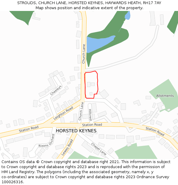 STROUDS, CHURCH LANE, HORSTED KEYNES, HAYWARDS HEATH, RH17 7AY: Location map and indicative extent of plot