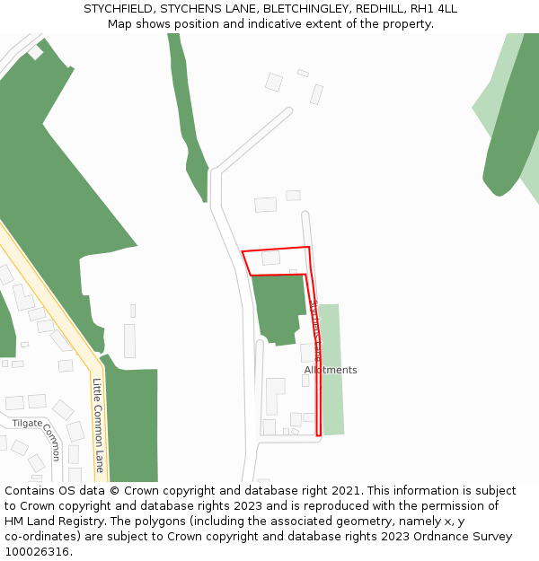 STYCHFIELD, STYCHENS LANE, BLETCHINGLEY, REDHILL, RH1 4LL: Location map and indicative extent of plot