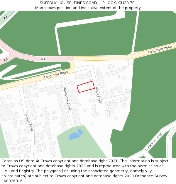 SUFFOLK HOUSE, PINES ROAD, LIPHOOK, GU30 7PL: Location map and indicative extent of plot