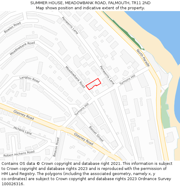 SUMMER HOUSE, MEADOWBANK ROAD, FALMOUTH, TR11 2ND: Location map and indicative extent of plot