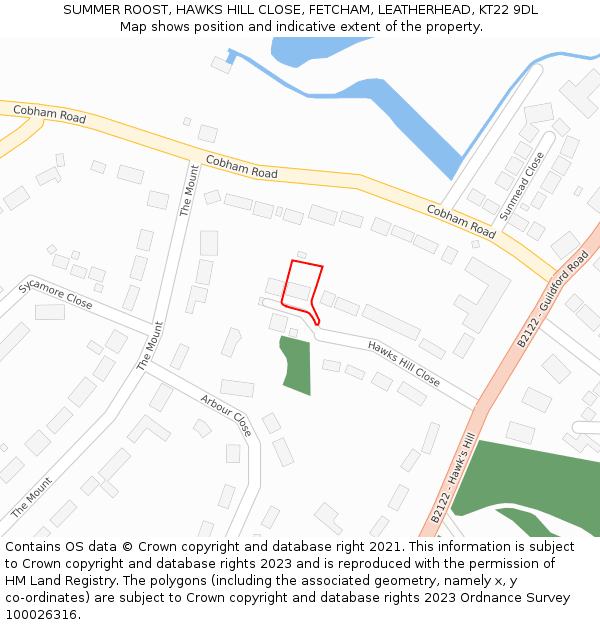 SUMMER ROOST, HAWKS HILL CLOSE, FETCHAM, LEATHERHEAD, KT22 9DL: Location map and indicative extent of plot