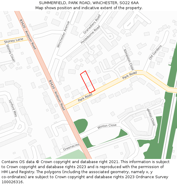 SUMMERFIELD, PARK ROAD, WINCHESTER, SO22 6AA: Location map and indicative extent of plot