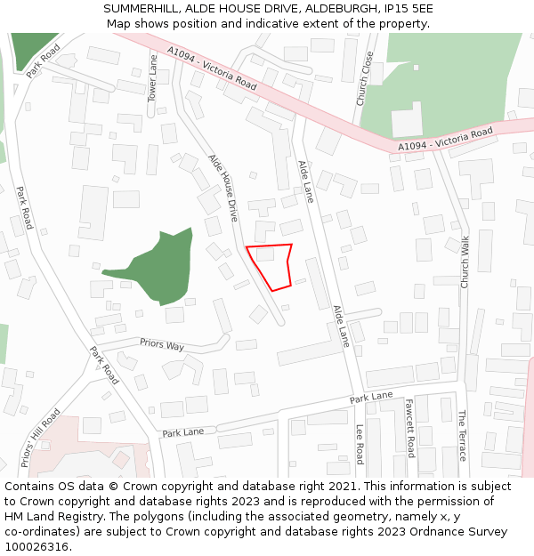 SUMMERHILL, ALDE HOUSE DRIVE, ALDEBURGH, IP15 5EE: Location map and indicative extent of plot