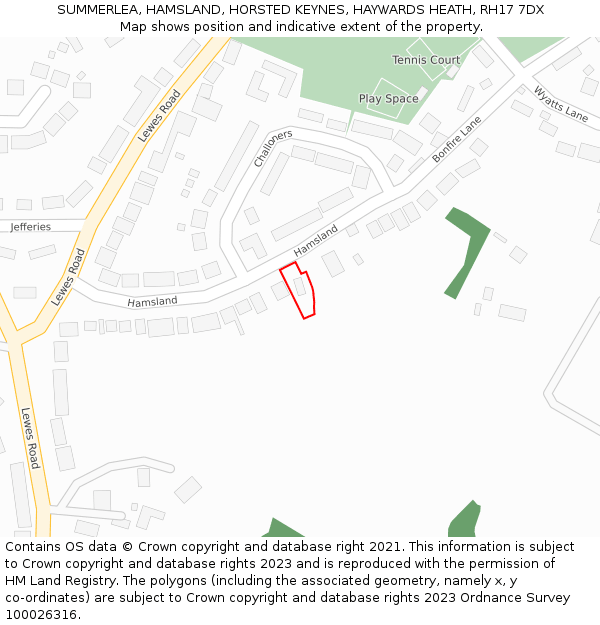 SUMMERLEA, HAMSLAND, HORSTED KEYNES, HAYWARDS HEATH, RH17 7DX: Location map and indicative extent of plot