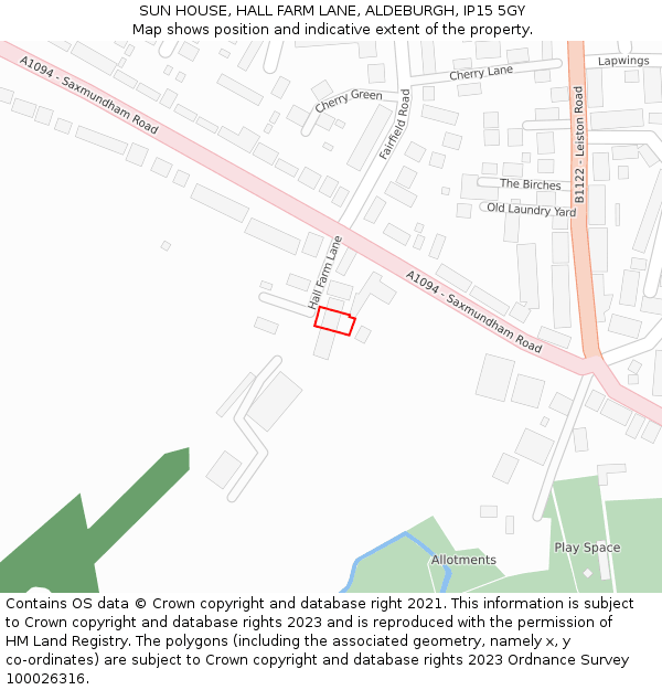 SUN HOUSE, HALL FARM LANE, ALDEBURGH, IP15 5GY: Location map and indicative extent of plot