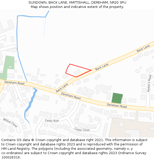 SUNDOWN, BACK LANE, MATTISHALL, DEREHAM, NR20 3PU: Location map and indicative extent of plot