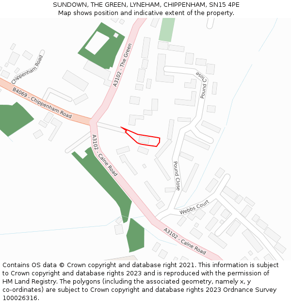 SUNDOWN, THE GREEN, LYNEHAM, CHIPPENHAM, SN15 4PE: Location map and indicative extent of plot