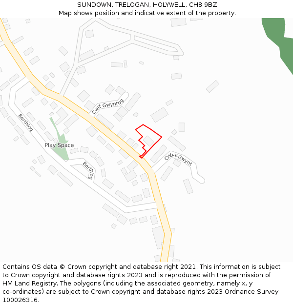 SUNDOWN, TRELOGAN, HOLYWELL, CH8 9BZ: Location map and indicative extent of plot
