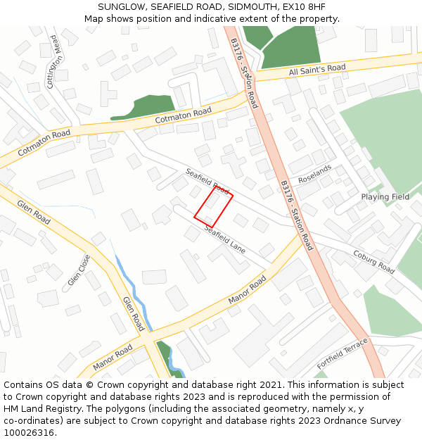SUNGLOW, SEAFIELD ROAD, SIDMOUTH, EX10 8HF: Location map and indicative extent of plot