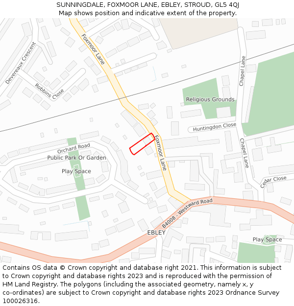 SUNNINGDALE, FOXMOOR LANE, EBLEY, STROUD, GL5 4QJ: Location map and indicative extent of plot