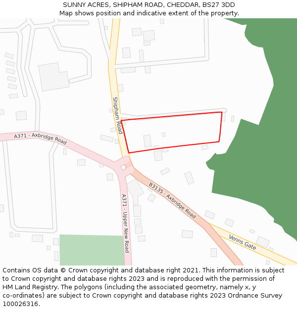 SUNNY ACRES, SHIPHAM ROAD, CHEDDAR, BS27 3DD: Location map and indicative extent of plot