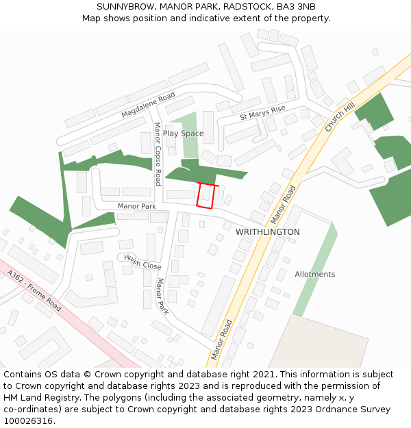 SUNNYBROW, MANOR PARK, RADSTOCK, BA3 3NB: Location map and indicative extent of plot