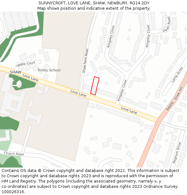 SUNNYCROFT, LOVE LANE, SHAW, NEWBURY, RG14 2DY: Location map and indicative extent of plot