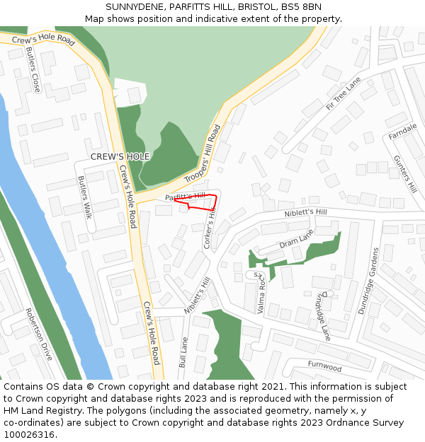 SUNNYDENE, PARFITTS HILL, BRISTOL, BS5 8BN: Location map and indicative extent of plot