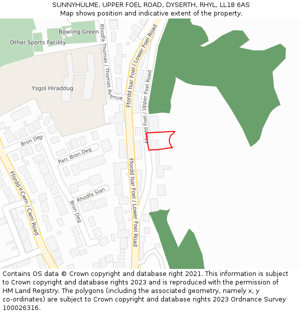 SUNNYHULME, UPPER FOEL ROAD, DYSERTH, RHYL, LL18 6AS: Location map and indicative extent of plot