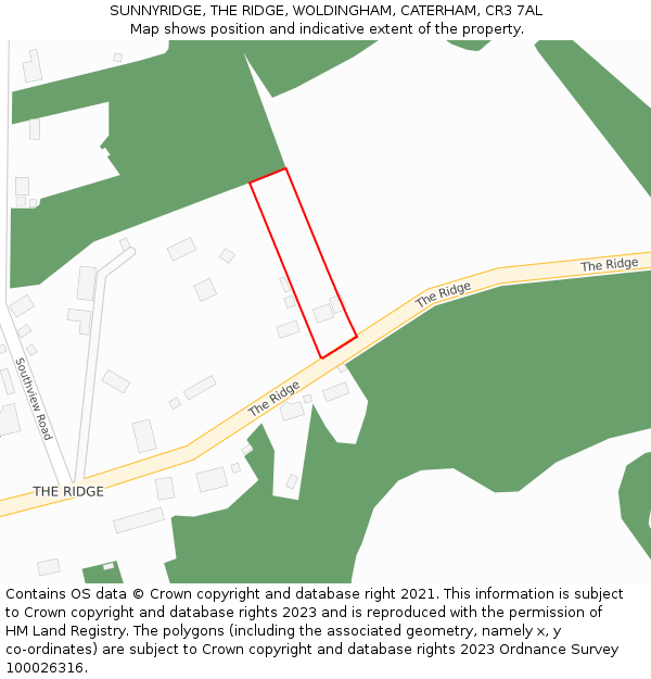 SUNNYRIDGE, THE RIDGE, WOLDINGHAM, CATERHAM, CR3 7AL: Location map and indicative extent of plot