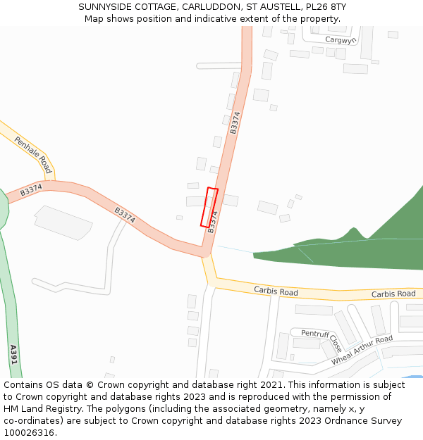 SUNNYSIDE COTTAGE, CARLUDDON, ST AUSTELL, PL26 8TY: Location map and indicative extent of plot