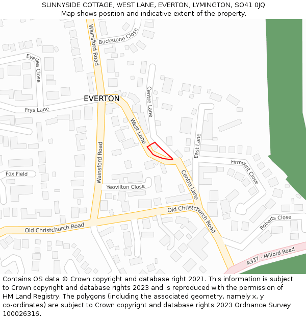 SUNNYSIDE COTTAGE, WEST LANE, EVERTON, LYMINGTON, SO41 0JQ: Location map and indicative extent of plot