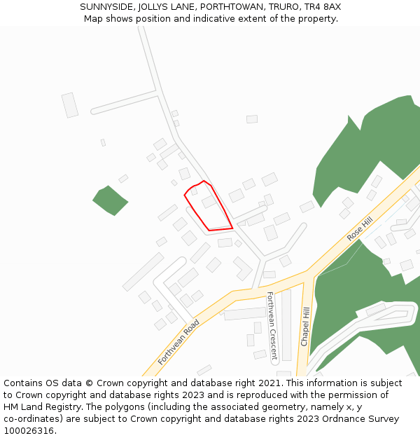 SUNNYSIDE, JOLLYS LANE, PORTHTOWAN, TRURO, TR4 8AX: Location map and indicative extent of plot