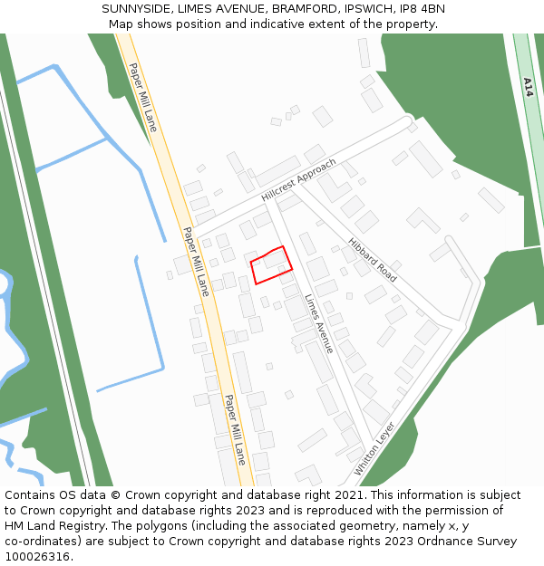 SUNNYSIDE, LIMES AVENUE, BRAMFORD, IPSWICH, IP8 4BN: Location map and indicative extent of plot