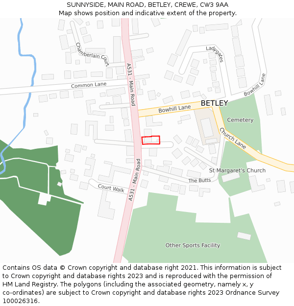 SUNNYSIDE, MAIN ROAD, BETLEY, CREWE, CW3 9AA: Location map and indicative extent of plot