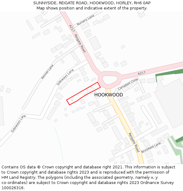 SUNNYSIDE, REIGATE ROAD, HOOKWOOD, HORLEY, RH6 0AP: Location map and indicative extent of plot