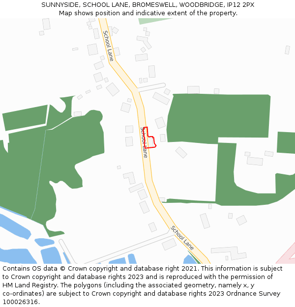 SUNNYSIDE, SCHOOL LANE, BROMESWELL, WOODBRIDGE, IP12 2PX: Location map and indicative extent of plot