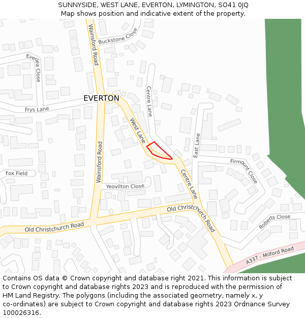 SUNNYSIDE, WEST LANE, EVERTON, LYMINGTON, SO41 0JQ: Location map and indicative extent of plot