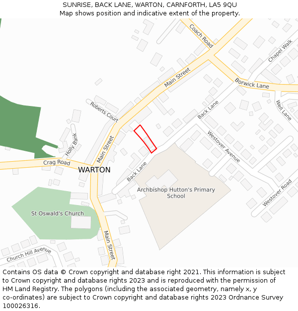 SUNRISE, BACK LANE, WARTON, CARNFORTH, LA5 9QU: Location map and indicative extent of plot