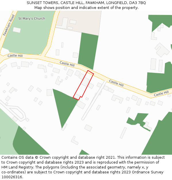 SUNSET TOWERS, CASTLE HILL, FAWKHAM, LONGFIELD, DA3 7BQ: Location map and indicative extent of plot