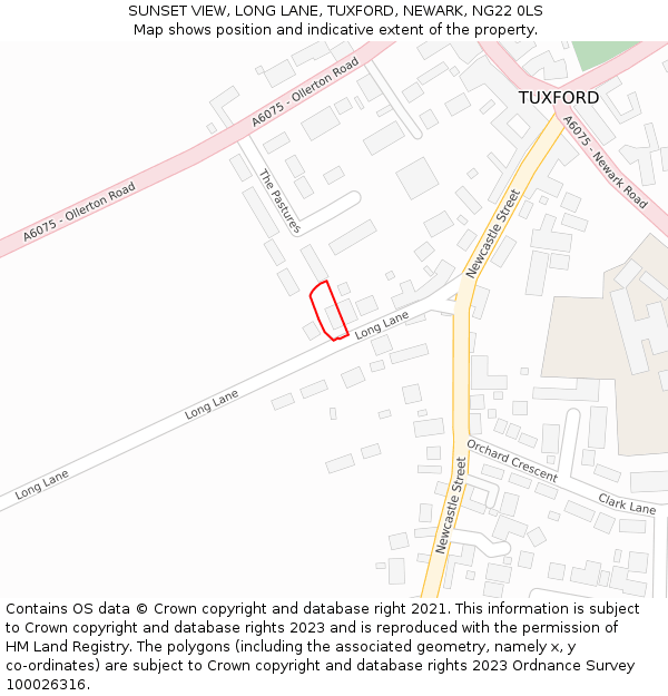 SUNSET VIEW, LONG LANE, TUXFORD, NEWARK, NG22 0LS: Location map and indicative extent of plot