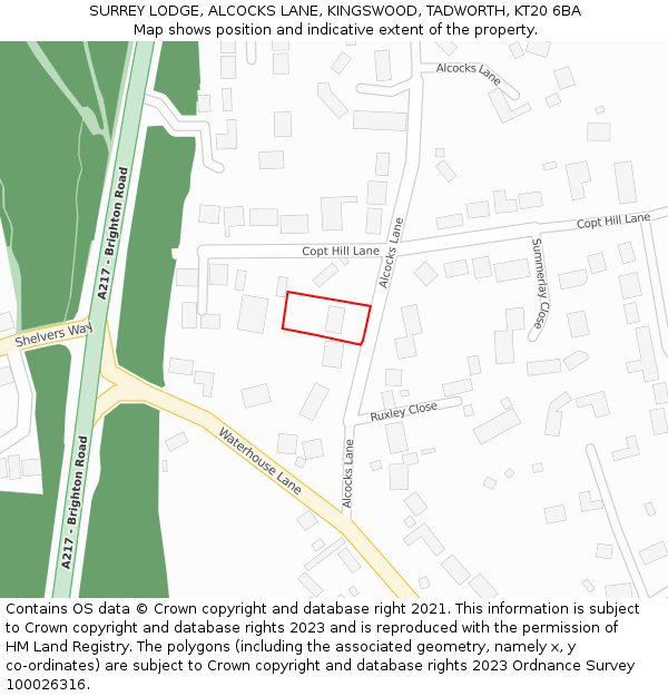 SURREY LODGE, ALCOCKS LANE, KINGSWOOD, TADWORTH, KT20 6BA: Location map and indicative extent of plot