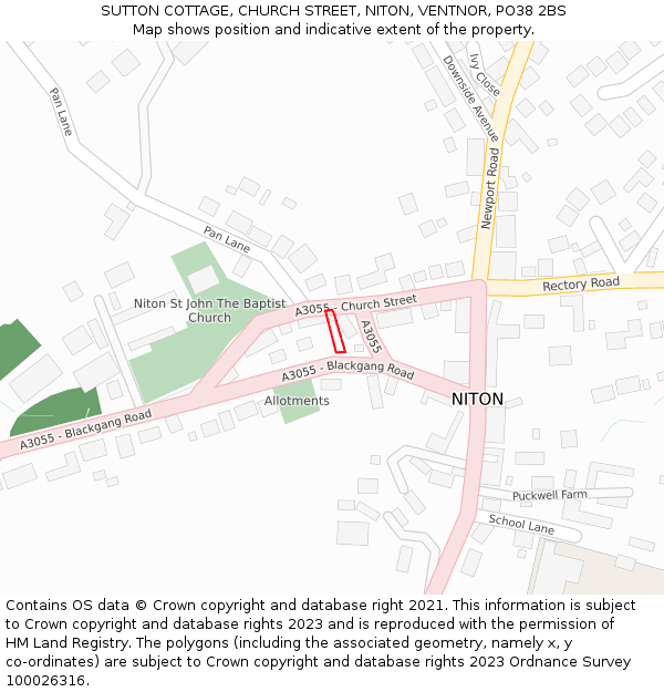 SUTTON COTTAGE, CHURCH STREET, NITON, VENTNOR, PO38 2BS: Location map and indicative extent of plot