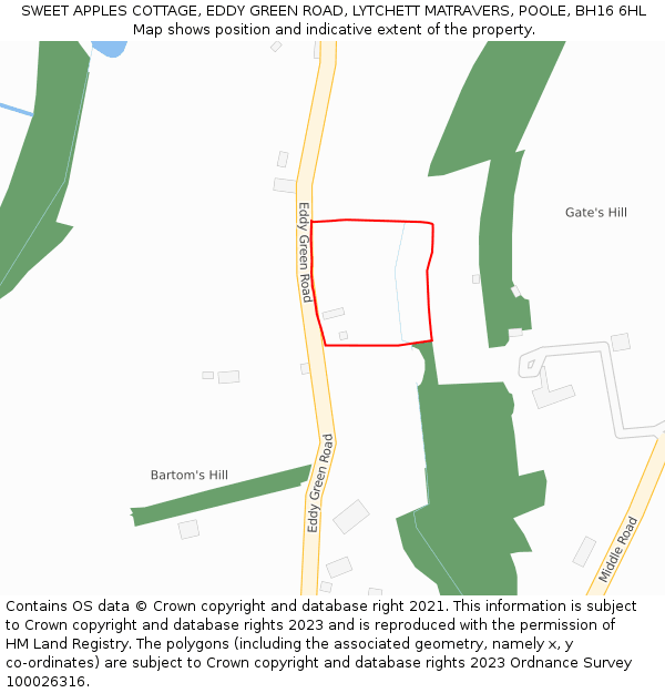 SWEET APPLES COTTAGE, EDDY GREEN ROAD, LYTCHETT MATRAVERS, POOLE, BH16 6HL: Location map and indicative extent of plot