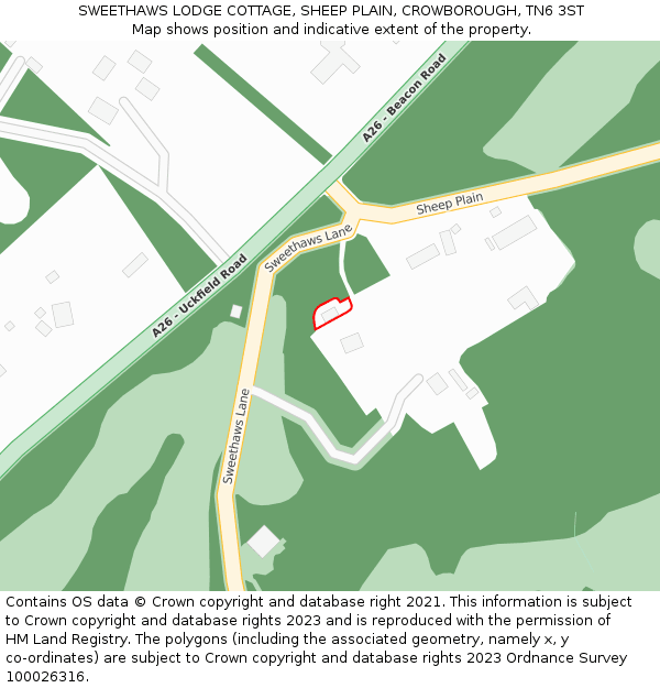 SWEETHAWS LODGE COTTAGE, SHEEP PLAIN, CROWBOROUGH, TN6 3ST: Location map and indicative extent of plot