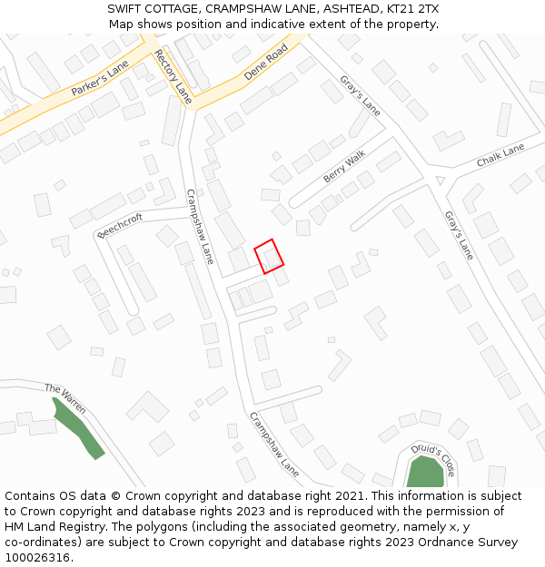 SWIFT COTTAGE, CRAMPSHAW LANE, ASHTEAD, KT21 2TX: Location map and indicative extent of plot