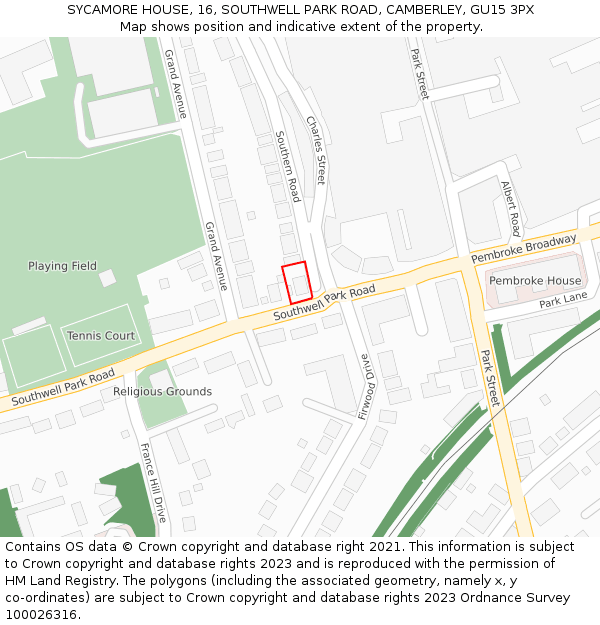 SYCAMORE HOUSE, 16, SOUTHWELL PARK ROAD, CAMBERLEY, GU15 3PX: Location map and indicative extent of plot