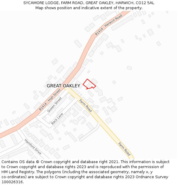 SYCAMORE LODGE, FARM ROAD, GREAT OAKLEY, HARWICH, CO12 5AL: Location map and indicative extent of plot