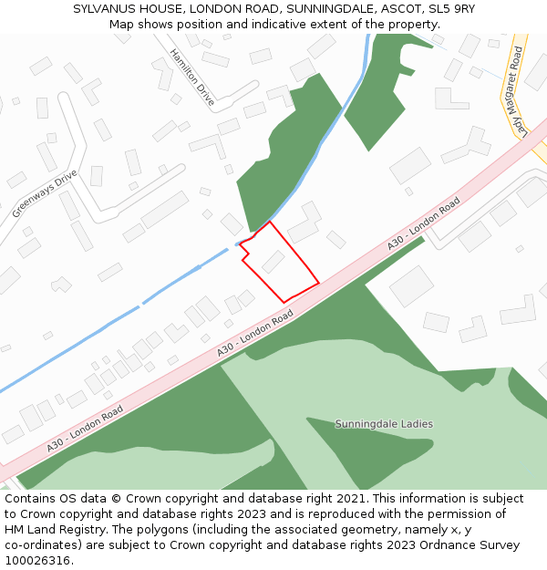 SYLVANUS HOUSE, LONDON ROAD, SUNNINGDALE, ASCOT, SL5 9RY: Location map and indicative extent of plot